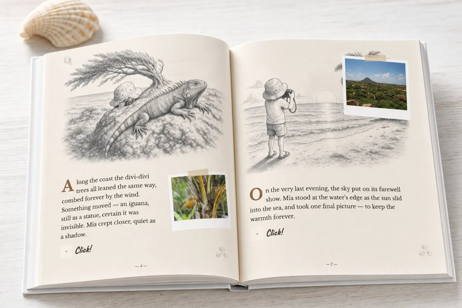 The hardcover open: pencil-sketch story pages with the child's color photos taped in